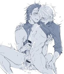 anal anal_sex anal_sex bitting_marks cumming cumming_while_penetrating ejaculation ejaculation_while_penetrated exposed_nipples gepard_(honkai:_star_rail) half-dressed jerkingoff_another nipples penetration sampo_(honkai_star_rail) sweatdrop sweating trembling