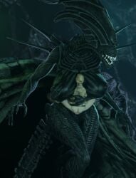 1boy alien alien_(franchise) alien_girl balls breasts carrying female giantess human_male interspecies male monster monster_girl penis size_difference vensaku xenomorph xenomorph_queen