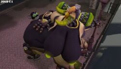 3d anal_sex anthro big_ass big_breasts bigger_female black_body blue_eyes brown_fur bytes_(whoofly) centaur chair fat_ass female glowing_nipples green_nipples heavy_ass josh-u4 male male/female omnic orisa overwatch raccoon robot shortstack size_difference smaller_male smile source_filmmaker white_fur yellow_eyes