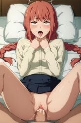 ahe_gao ai_generated bangs blush braid brown_eyes brown_hair chainsaw_man cum cum_in_pussy eyebrows_visible_through_hair female long_hair long_sleeves lying missionary on_back open_mouth penis pillow pov pussy sex skirt spread_legs straight tongue twin_braids vaginal_penetration