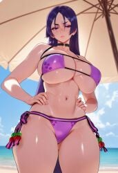 ai_generated ai_video animated animation balecxi beach blue_sky breasts choker curvy day disgusted eyepatch_bikini fate/grand_order fate_(series) female huge_breasts kling_ai long_hair looking_at_viewer minamoto_no_raikou_(fate) minamoto_no_raikou_(fate/grand_order) minamoto_no_raikou_(swimsuit_lancer)_(fate) navel no_sound outdoors parted_bangs pov purple_bikini purple_eyes purple_hair side-tie_bikini_bottom solo stay_blocky swimsuit tagme thick_thighs umbrella underboob video