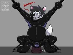4_toes anal anal_sex anthro balls biped bondage bound canid canine canis chastity_cage chastity_device clothing feet forced fur gag genitals hi_res latex latex_clothing latex_skinsuit lock_bulge lock_symbol male mammal mask muzzle_gag penetration rubber_clothing sex_toy sex_toy_insertion skinsuit solo straps submissive_male tail tight_clothing toes wolf zurvdog