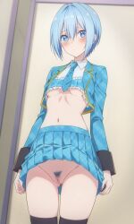 2.5_jigen_no_ririsa ai_generated artglass ass blue_eyes blue_hair blush breasts embarrassed from_behind front_view hair_between_eyes nonoa_(2.5_jigen_no_ririsa) pubic_hair pussy short_hair skirt skirt_lift small_ass small_breasts thighhighs thighs vagina