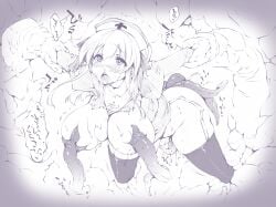 blush breasts commentary_request cross dress female full_body garter_straps greyscale hat juliet_sleeves large_breasts long_hair long_sleeves monochrome nose_blush nurse_cap oohira_sunset open_mouth priest_(ragnarok_online) puffy_sleeves ragnarok_online restrained solo tentacle tentacle_pit tentacle_sex thighhighs torn_clothes torn_dress
