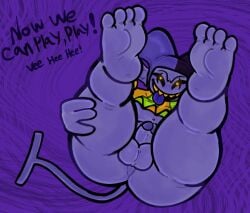 deltarune demon devil dick feet feet_up gay imp jester jevil_(deltarune) legs_up looking_at_viewer penis purple_body purple_skin stpdsmuuthh tail tounge_out