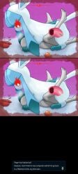 alpha_pokemon blue_body cum cum_inside cumshot_doesnt_reach ejaculation embrace feral feral_on_human flaming_eyes gameplay_mechanics glaceon larger_female overstimulation penis penis_doesnt_reach_cervix pokemon red_eyes sex small_penis smile steam steamy_breath text twitching vaginal_sex