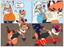 1boy 1girls angela_(atlyss) angela_flux_(kiseff) angry atlyss badly_drawn boob_window buenos_dias_mandy clothed clothing comic dialogue fat_ass female furry hurt kubold_(atlyss) large_breasts mad male meme pain screaming shocked sideboob slap slap_mark smacking_ass spanish_text thick_thighs xexeezy