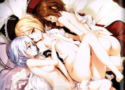 3girls absurdres arm_around_waist ass bare_legs barefoot blonde_hair bloomers bloomers_(victorian) bloomers_pull blue_eyes bottomless breast_grab breasts brown_hair closed_eyes crotch dress_shirt female fingering hat hat_removed headwear_removed highres incest ke-ta legs light_smile long_legs lunasa_prismriver lying lyrica_prismriver merlin_prismriver multiple_girls navel nipples nude off_shoulder on_back on_side open_clothes open_shirt parted_lips scan shirt short_hair siblings sideboob silver_hair sisters sleeping small_breasts touhou underwear yellow_eyes yuri