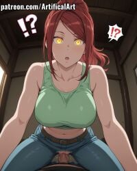 1boy 1girls ai_generated artifical_art big_breasts blue_pants blush clitoris cowgirl_position enen_no_shouboutai fire_force jeans light-skinned_female light_skin lisa_isaribi long_hair open_mouth orange_eyes penis penis_in_pussy perfect_body ponytail pussy pussy_juice red_hair riding riding_penis spread_legs tied_hair torn_pants vaginal_penetration vaginal_sex voluptuous_female