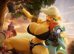 2girls 3d anthro applejack_(mlp) arm_around_neck big_breasts blonde_hair blush breasts busty crop_top drunk equine female female_only friendship_is_magic furry furry_only hooves-art huge_breasts large_breasts lesbian looking_at_breasts mug multicolored_hair multicolored_tail my_little_pony outdoors png rainbow_dash_(mlp) thick_thighs tongue tongue_out tree wide_hips yuri