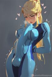 1futa ai_assisted ai_generated autopaizuri autopaizuri_under_clothes blonde_hair blue_bodysuit erection erection_under_clothes futanari huge_cock intersex metroid samus_aran skintight stuckwithaspoon zero_suit zero_suit_samus