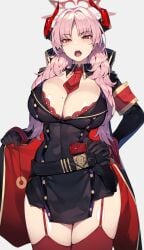big_breasts blue_archive blush bra breasts coin_on_string demon_girl female garter_belt garter_straps gehenna_academy_student halo horns huge_breasts kiwidoyo long_hair looking_at_viewer open_mouth pandemonium_society_(blue_archive) pink_hair satsuki_(blue_archive) solo solo_female thighhighs tie
