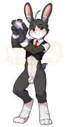 anthro balls biped black_body black_fur blush clothed clothing countershade_face countershade_fur countershade_torso countershading eyebrows fingers flaccid foreskin fur genitals hi_res humanoid_genitalia humanoid_penis inner_ear_fluff kemono lagomorph leporid male mammal necktie penis rabbit red_eyes solo tail tuft uncircumcised unrealplace