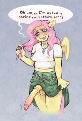 animal_genitalia animal_penis anthro anthrofied balls big_penis blush bodily_fluids bottomwear breasts caringsins clothed clothing dialogue embarrassed equid equine equine_genitalia equine_penis erect_nipples erection fluttershy_(mlp) friendship_is_magic ftg_crossgender fti_crossgender futanari genitals gynomorph hasbro hi_res humanoid_genitalia humanoid_penis hybrid_genitalia hybrid_penis intersex long_penis mammal medial_ring medial_ringed_humanoid_penis medial_ringed_hybrid_penis my_little_pony nervous nervous_sweat nipple_outline nipples penis penis_under_skirt rule_63 shirt skirt small_breasts solo standing sweat topwear