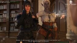 2girls baldur's_gate baldur's_gate_3 black_clothing black_eyes black_gloves black_hair ciri_(cosplay) comic comic_page cosplay crossover dark-skinned_female dark_elf dark_skin drow dungeons_and_dragons elf fantasy female fully_clothed half_elf indoors medium_breasts minthara no_sex purple_skin red_eyes sfw shadowheart story story_in_picture subtitled text video_game_character video_games white_hair whyte_knight yennefer_(cosplay)