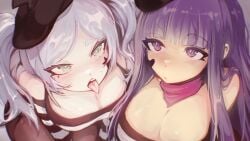 2girls beret blairevt blush blush_lines bonbon_(derpixon) breasts chuchu_(derpixon) cleavage cosplay face_markings female female_only fern_(sousou_no_frieren) frieren frieren_(cosplay) frieren_beyond_journey's_end from_above green_eyes grey_hair large_breasts medium_breasts mime mime_and_dash mime_girl purple_eyes purple_hair sousou_no_frieren tagme tongue_out