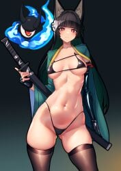 absurdres animal_ear_fluff animal_ears black_background black_bra black_gloves black_hair black_panties black_thighhighs blunt_bangs bra breasts closed_mouth cowboy_shot female fingerless_gloves fox_ears fox_girl gloves green_jacket highres holding holding_sword holding_weapon hoshimi_miyabi jacket jacket_on_shoulders katana large_breasts long_hair looking_at_viewer navel nicchi nichesnake panties red_eyes serious sidelocks simple_background solo sword thighhighs thighs underwear weapon zenless_zone_zero