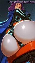 1girls 2025 ai_generated artist_name ass ass_focus cape dc dc_comics electroworld female hi_res high_quality high_resolution highres leotard looking_back patreon patreon_username purple_eyes purple_hair raven_(dc) solo stable_diffusion watermark