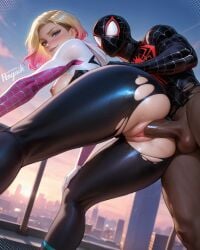 1boy 1girls ai_generated all_fours ass ass bent_over big_ass blonde_hair breasts_out canon_couple city_background dark-skinned_male doggy_style female from_behind from_below fucked_from_behind gwen_stacy looking_back male male/female marvel marvel_comics miles_morales new_york nipples outside patreon_username penetration penguih penis pussy ripped_clothing rooftop sex short_hair smirk spider-gwen spider-man spider-man:_across_the_spider-verse spider-man:_into_the_spider-verse spider-man_(series) straight sunset torn_clothes vaginal_penetration vaginal_sex