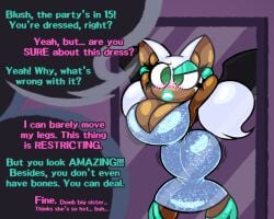 bat_wings big_breasts bimbofied blue_dress blush blush_the_bat_(frost-lock) dark_skin frost-lock green_eyes offscreen_character rouge_the_bat shiny_clothes sonic_(series) sonic_the_hedgehog teal_lipstick thick_thighs tight_clothing twintails