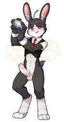 anthro balls biped black_body black_fur blush blush_lines clothed clothing countershade_face countershade_fur countershade_torso countershading erection eyebrows fingers foreskin fur genitals glans hi_res humanoid_genitalia humanoid_penis inner_ear_fluff kemono lagomorph leporid male mammal necktie penis rabbit red_eyes solo tail tongue tongue_out tuft uncircumcised unrealplace vein veiny_penis