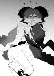 2boys anal_fluid aroused ass balls blush bottomless breath bridal_gauntlets clothed_sex commentary dual_persona eye_contact face-to-face frottage frown genshin_impact grabbing_another's_chin gradient_background grey_background grin hand_on_another's_chin hashtag-only_commentary heart highres japanese_clothes leg_between_thighs legs_together llxx88103769 looking_at_another loving_aura lying male male_focus multiple_boys nose_blush on_side open_mouth profile scaramouche_(genshin_impact) selfcest short_hair simple_background smile sound_effects spread_legs symbol-only_commentary testicles tongue tongue_out translation_request twitching wanderer_(genshin_impact) wolf_cut yaoi