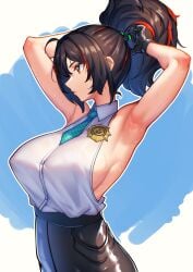 absurdres ahoge armpits bare_arms black_gloves breasts brown_hair female from_side gloves hair_between_eyes highres large_breasts long_hair looking_ahead multicolored_hair necktie nicchi ponytail red_eyes red_hair serious sideboob simple_background sleeveless solo streaked_hair sweat sweatdrop two-tone_hair upper_body zenless_zone_zero zhu_yuan