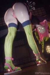 2025 3d 3d_(artwork) aequd aequdsama anus anus_peek armpits ass bending_over bent_over breasts clothed clothed_female demon_slayer female female_only glowing_eyes green_eyes light_skin long_nails mitsuri_kanroji pink_and_green_hair pink_hair pussy red_nails school_uniform solo_female stockings stockings_only twintails twintails_(hairstyle) upskirt