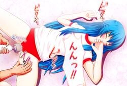 1girls alternate_costume blue_hair blush buruma closed_eyes clothed_masturbation clothing disembodied_limb ejaculation_under_clothes female female_ejaculation female_orgasm femcum_under_clothes groping gym_uniform hitachi_magic_wand long_hair masturbation masturbation_through_clothing mofupaka orgasm pussy_juice solo_focus spread_legs tenshi_hinanawi thigh_grab touhou very_long_hair vibrator