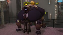 3d anal_sex anthro big_ass big_breasts bigger_female black_body blue_eyes brown_fur bytes_(whoofly) centaur chair fat_ass female glowing_nipples green_nipples heavy_ass josh-u4 male male/female omnic orisa overwatch raccoon robot shortstack size_difference smaller_male smile source_filmmaker white_fur yellow_eyes