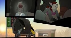absurd_res american_opossum anal body_writing bottomless car clothed clothing ear_piercing english_text gas_station hair hair_grab hi_res male mammal marsupial no_underwear piercing pontiac pontiac_aztek presenting prostitution rough_sex sex text touching_hair vehicle vivid-day_(artist)