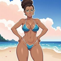 1girls ai_generated arcane bare_arms bare_legs bare_shoulders bare_thighs beach bikini bikini_bottom bikini_top breasts breasts brown_hair brown_skin female female female_focus female_only glasses hands_on_hips league_of_legends looking_at_viewer ocean outdoors outside pose posing posing_for_the_viewer short_hair sky_young smile solo solo_female solo_focus