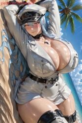 ai_generated akame_ga_kill! beach blue_eyes blue_hair cleavage cloud esdeath_(akame_ga_kill!) hands_above_head huge_breasts military_uniform sky thick_thighs