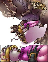 2015 anthro balls blonde_hair bovine capcom comic deviljho dulcine english_text erection eyewear fellatio female feral goggles hair heart horn huge_balls huge_cock interspecies male mammal monster monster_cock monster_hunter monster_hunter_3 oral original_character page_6 penis shia_(artist) size_difference video_games yellow_eyes