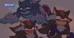 all_fours anthro bite blood blush blush_lines bodily_fluids duo fangs fur hi_res inviting male male/male sega shadow_the_hedgehog shaking shipslucia shoulder_bite sonadow sonic_the_hedgehog sonic_the_hedgehog_(series) sonic_the_werehog sonic_unleashed speech_bubble sweat sweatdrop teasing teeth text tongue tongue_out vampire_shadow