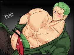 1boy abs bara bare_breasts beefy biceps big_areola big_breasts big_glans big_penis black_background black_eyes blush breasts breasts_bigger_than_head broad_shoulders censor_bar censored censored_penis collarbone earrings embarrassed erection frenulum frown gay green_hair haramaki hi_res huge_breasts hunk japanese_clothes kimono lying lying_on_back male male_breasts male_only manly mature_male moobs muscles muscular muscular_arms muscular_male muscular_neck no_body_hair okekemosamosa one_eye_closed one_piece oppai pecs penis penis_out pink_glans pointless_censoring post-timeskip retracted_foreskin roronoa_zoro scar scar_across_eye scar_on_chest scar_on_face short_hair six_pack solo sweat sweatdrop text thick thick_penis tough_guy uncircumcised uncut very_high_resolution yaoi