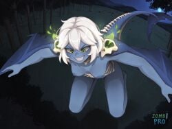 ai_generated armor blue_skin flying forest glowing_eyes green_eyes humanized minecraft naked phantom_(minecraft) rule_63 short_hair white_hair wild_hair wings zombipro