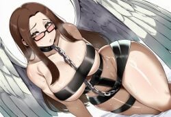 1girls ai_generated angel_(megami_tensei)_(cosplay) big_breasts breasts brown_eyes brown_hair chains cleavage cosplay elislopper female female_only fushimi_chihiro glasses huge_breasts large_breasts megami_tensei persona persona_3 self_upload shin_megami_tensei wings