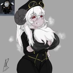 1girls adoniasfra artist_signature big_breasts black_clothing blush breasts clothed female female_only hat horns long_hair red_eyes reference_image roblox roblox_avatar robloxian solo steamy tagme thick_thighs thighs tight_clothing tight_fit tight_shirt white_hair