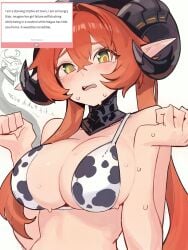 anime_style bare_shoulders bikini black_collar black_horns blush busty choker clean_lineart cleavage close-up collarbone colored_sketch commentary cow_bikini cow_girl cow_horns cow_print cow_print_bikini cow_theme curved_horns curvy demon_girl detailed_eyes digital_art ecchi elf_ears embarrassed extreme_cleavage fantasy female flustered from_front glossy_eyes gradient_eyes green_eyes hands_up heavy_blush huge_breasts illustration large_breasts layered_hair leaning_forward long_hair looking_at_viewer magus_(zenless_zone_zero) manga_style midriff monster_girl navel neck_accessory no_nudity nsfw orange_hair oversized_breasts parted_lips pointed_ears pout raised_arms revealing_outfit shiny_collar side_bangs sideboob simple_background sketch_in_background skimpy soft_shading solo speech_bubble stomach stylized suggestive sweat sweat_drops sweating_profusely swimsuit teary_eyes tense_pose text_box thick_thighs underboob upper_body voluptuous watery_eyes white_background zenless_zone_zero