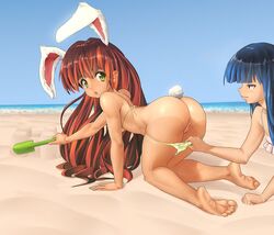 all_fours animal_ears arched_back arm arms ass assisted_exposure back bare_back bare_legs barefoot beach bikini bikini_pull blue_hair blue_sky bunny_ears bunny_tail confused elin_(tera) feet female green_eyes hime_cut innie_pussy kairuhentai kairunoburogu legs long_hair looking_at_another looking_back multiple_girls naughty_face ocean one-piece_tan panty_pull polka_dot polka_dot_bikini polka_dot_swimsuit pussy red_hair sand shovel sky smile soles spade swimsuit tail tan tanline tera_online toe_scrunch toes uncensored water yuri