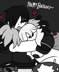 2026 aged_up birthday black_and_white cake closed_eyes drill_hair emo exposed_breasts felix_hugo_fraldarius fire_emblem fire_emblem:_three_houses fire_emblem_engage ghyrer heart hugging in-franchise_crossover lovers marni_(fire_emblem) naked_female_clothed_male nintendo one_eye_covered pale_skin self_upload