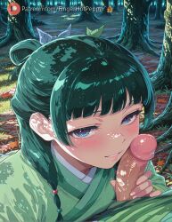1boy 1girls ai_generated bangs blue_eyes blunt_bangs blush eyebrows_visible_through_hair female fingerhotpepper forest hair_ornament japanese_clothes kimono kusuriya_no_hitorigoto lake leaf lips looking_at_viewer male maomao_(kusuriya_no_hitorigoto) mermaid nature outdoors penis smile straight tree uncensored water