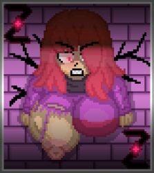 angry angry_expression angry_face areola bete_noire big_breasts breasts breasts_out breasts_out_of_clothes brown_hair cracked_wall glitchtale glowing_eyes huge_breasts nipples pink_eyes pink_hair pixel_art ripped_clothing self_upload shirt stuck stuck_in_wall torn_clothes torn_clothing undertale undertale_(series) wall zixy