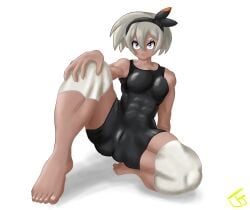 1girls barefoot bea_(pokemon) dark_skin feet female_focus female_only green_eyes green_hair hair_band legs pokemon pussy strong_female thighs training