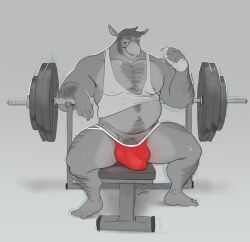 2018 5_fingers 5_toes anthro arm_hair avian barazoku barbell beak belly belly_hair bench big_bulge biped body_hair bottle bulge chest_hair clothed clothed_anthro clothed_male clothing container detailed_bulge digital_drawing_(artwork) digital_media_(artwork) european_mythology eyebrows falcon_mccooper_(character) feet fingers front_view full-length_portrait genital_outline genitals greek_mythology grey_background greyscale hair hairy hippogriff holding_bottle holding_container holding_object humanoid_feet humanoid_hands jockstrap leg_hair male male_anthro manly monochrome musclegut muscular muscular_anthro muscular_male mythological_avian mythological_creature mythology navel nipples on_bench open_beak open_mouth open_smile pantsless pantsless_anthro pantsless_male pecs penis penis_base penis_outline plantigrade portrait red_clothing red_jockstrap red_underwear shirt signature simple_background sitting sitting_on_bench smile solo spot_color suck_mcjones tank_top toes topwear underwear weight_bench weight_rack weights