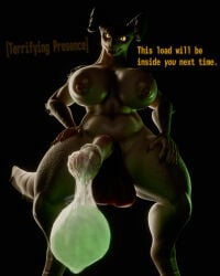 3d_(artwork) 4:5 absurd_res animal_genitalia animal_penis anthro areola balls belly big_balls big_breasts big_penis black_background blender_(artwork) bodily_fluids breasts claws colored_cum condom cum dark_lighting deathclaw dialogue digital_media_(artwork) dim_lighting english_text equine_genitalia equine_penis excessive_cum excessive_genital_fluids fallout filled_condom genital_fluids genitals glistening glistening_areola glistening_belly glistening_breasts glistening_nipples glowing glowing_cum green_cum gynomorph hi_res horn intersex intimidation looking_at_viewer microsoft mommyclaw_(vulgarvictor) nipples nude penis potatotime radiation radioactive scalie sexual_barrier_device simple_background solo standing tail talking_to_viewer text unusual_bodily_fluids unusual_cum unusual_genital_fluids watermark