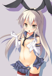 :o blonde_hair blush breasts brown_eyes elbow_gloves female gloves kantai_collection long_hair navel nipples no_panties open_mouth personification pussy safi shimakaze_(kantai_collection) skirt small_breasts solo striped striped_legwear thighhighs torn_clothes uncensored white_gloves