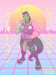 3:4 5_toes absurd_res anthro balls beverage_can big_balls big_penis bottomless clothed clothing dragon drinking_straw european_mythology eyewear feet flaccid flip_flops footwear foreskin genitals hand_in_pocket hi_res hoodie horn huge_cock jacket japanese_text leobanova looking_at_viewer male mythological_creature mythological_scalie mythology naudiz_(artist) penis plantigrade pockets saggy_balls sandals scalie shoes silly_straw smile solo spiked_tail spikes spikes_(anatomy) stripes sun sunglasses synthwave tail text toes topwear western_dragon wings