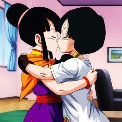 2girls ai_generated black_hair chichi dragon_ball_z hugging_another lesbian_kiss videl wholesome